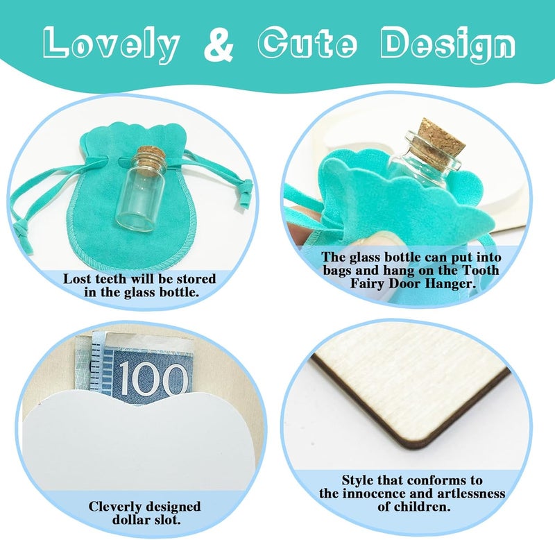 ZHYEEDAA 3 Pcs Tooth Fairy Kit,Tooth Fairy Tooth Holder with Tooth-Storage Bottle Velvet Pouch& Money Slot Keepsake,Wooden Tooth Door Hanger for Kids' First Lost Teeth, Tooth Fairy Gifts for Boy and Girl(Blue) - Image 3